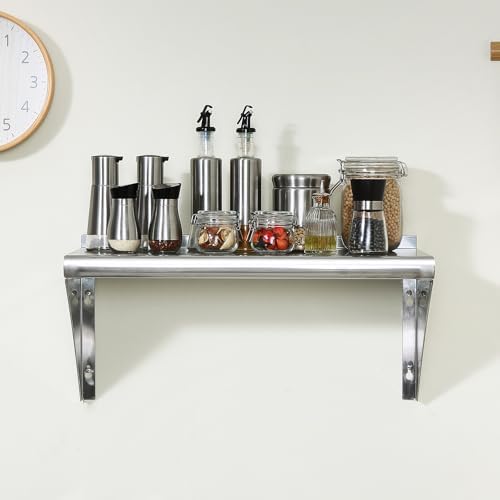 VEVOR 12" x 36" Stainless Steel Shelf, Wall Mounted Floating Shelving with Brackets, 250 lbs Load Capacity Commercial Shelves, Heavy Duty Storage Rack for Restaurant, Kitchen, Bar, Home, and Hotel
