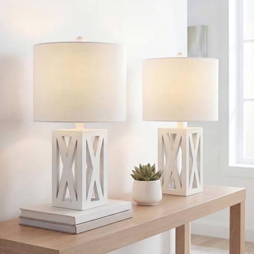JONATHAN Y Stewart Rustic Wood Bedside Table Lamp 21.5", White, Set of 2