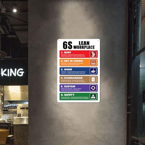 Aluminum 6S Lean Workplace Sign, Multicolour, 18x12 Inch, Minimalist Style, Wall Mount, Office, Home, Restaurant, Garden, Bar, Hotel, Club, Outdoor