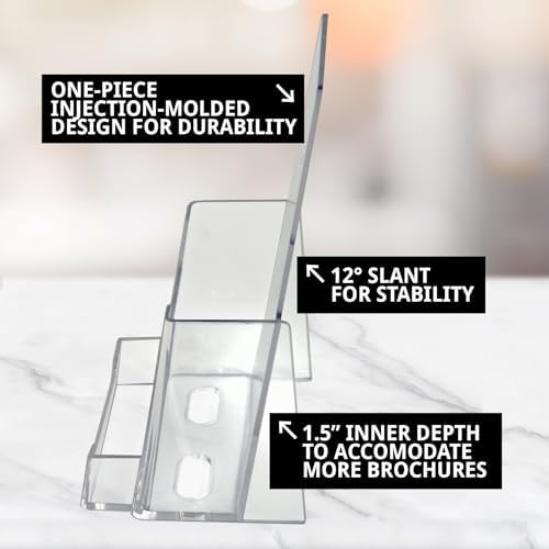 Azar Displays, 252922-50PK, Counter Trifold Brochure Holder with Horizontal Business Card Holder, Brochure Display Stand with Gift Card Pocket Flyer Holder Clear Card Display for Literature, 50-Pack