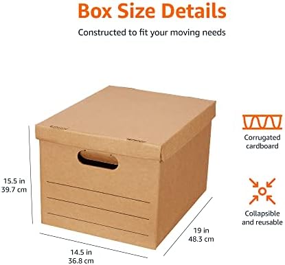 Amazon Basics Moving and Storage Boxes with Handles and Lift-Off Lids, Medium, 19" x 14.5" x 15.5", Brown, 10-Pack