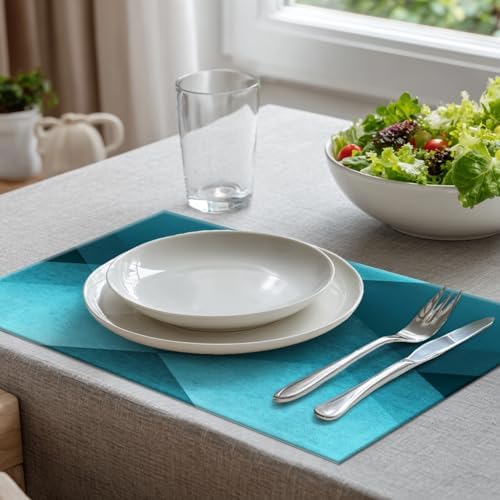 Batmerry Teal Modern Geometric Placemats, Vintage Washable Linen Table Mats for Kitchen Table Double Insulation Decor Dining Set Indoor Outdoor 12X18 in Set of 6