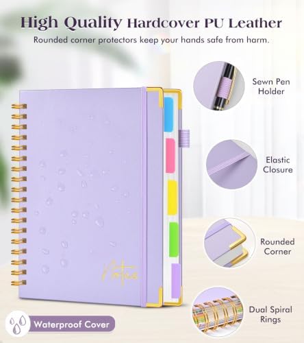 5 Subject Dotted Notebook with Removable Dividers Tabs, 300 Pages Hardcover Leather Dot Grid Spiral Journal, 8"x10" B5 Large Bullet Notebooks for Women Men Work School College Maths Sketching, Purple