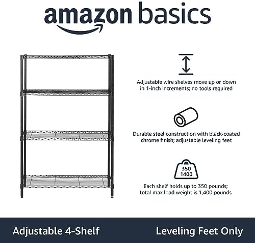 Amazon Basics 4-Shelf Adjustable Heavy Duty Steel Wire Rack Storage Shelving, Sturdy Garage Shelving, 350 lbs Capacity Per Shelf, Easy No-Tool Assembly, 36" x 14" x 54", Black