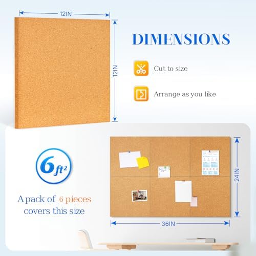 DOLLAR BOSS Cork Board Tiles, 6 Packs 12" x 12" 1/2" Thick Bulletin Board