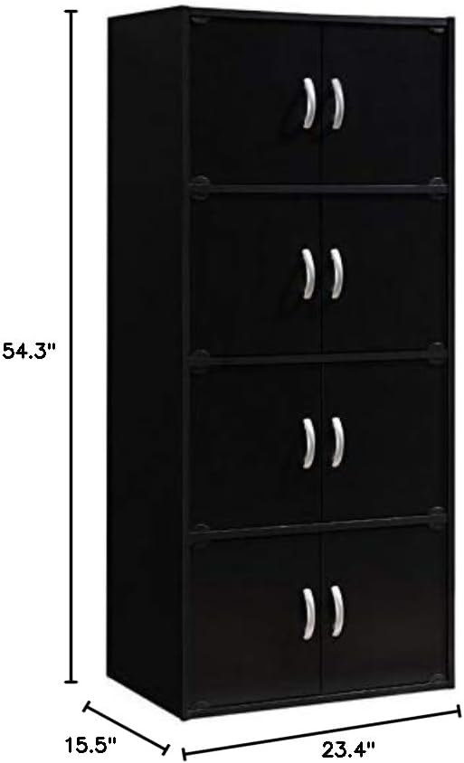Pemberly Row 4 Shelf 8 Door Bookcase, 54.3 in H x 23.4 in W x 15.5 in D, Wood, Black Finish, Slim Multi-Purpose Organizer for Office, Bedroom, Living Room or Kids' Room