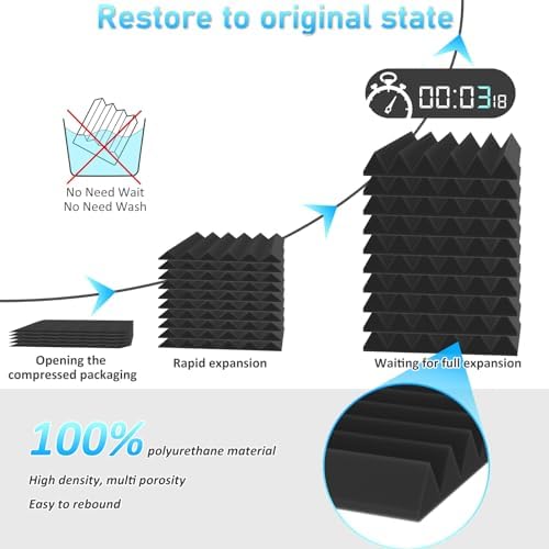 JBER 24 Pack Sound Proof Acoustic Foam Panels, Thicken, 5 X 30 X 30 cm Self-Adhesive Acoustic Wall Paddings for Home Office Studios (Black)