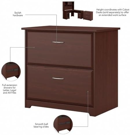 Bush Home Cabot 2 Drawer Lateral File Cabinet in Harvest Cherry, Home Office Chest for Letter, Legal, and A4-size Document Storage