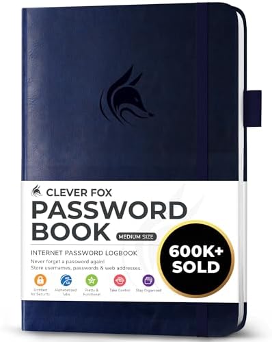 Clever Fox Password Book with Alphabetical Tabs, 5.3"x7.7" Keeper Dark Blue