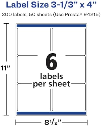 Avery® Matte White Rectangle Labels, Sure Feed® Technology, 3-1/3" x 4", 300 Matte White Printable Labels