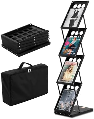 VEVOR Foldable Magazine Display Rack, 4-Tier Brochure Literature Display Stand, Portable Catalog Brochure Holder Stand with Carrying Bag for Office Trade Show Exhibitions, 4 Pockets