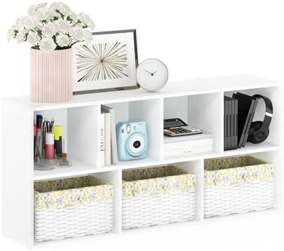 Furinno LUDER Book Shelf, 7-Cube Bookshelf, Bookcase with Open Shelves, 9.4 x 19.5 x 41.7, Easy Assembly, for Living Room, Bedroom, Home Office, Plain White