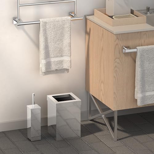 Gatco Small Bathroom Trash Can with Lid and Toilet Brush Set, Square 3 Gallon Stainless Steel Wastebasket, Under Sink, Chrome, for Bathroom, Bedroom, Office (2970)
