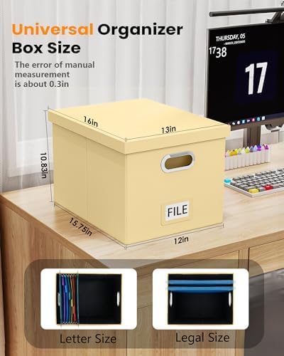Oterri 2 Pack File Storage Organizer Box, Portable Document Box with Lid,Fit for Letter/Legal File Folder Storage,Cream-yellow(Leather)