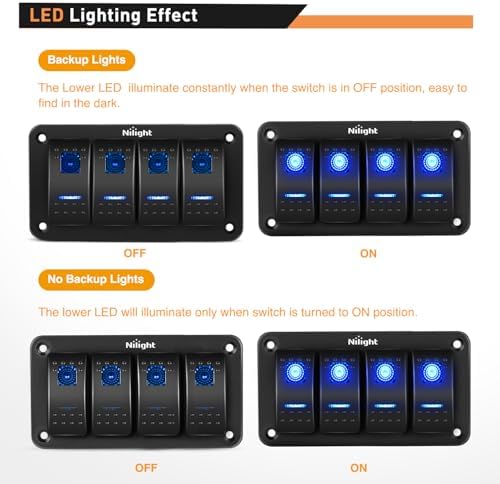 Nilight - 90109D 4 Gang Aluminum Rocker Switch Panel Toggle Dash 5 Pin ON/Off Pre-Wired Rocker Switch Blue Backlit Switch for Automotive Car Marine Boat RV,2 Years Warranty