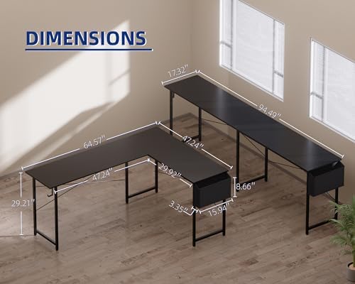 Pamray 64.5 Inch Reversible L Shaped Gaming Desk Large Corner Computer Desk with Storage Bag Home Office Table for Writing Study Black