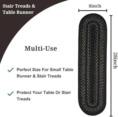 Homespice Jet Black Jute Braided Stair Treads, Oval 8x28 Set of 13
