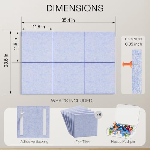MaxGear Felt Bulletin Board 36" x 24", Light Blue Felt Wall Tiles Push Pins