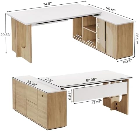 Tribesigns 74.8 Inch Executive Desk, L-Shaped Office Desk with Cabinet