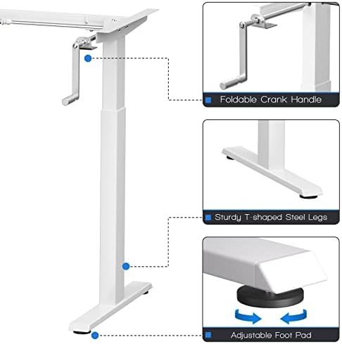 COSTWAY Crank Standing Desk Frame, Manual Hand Crank Workstation Base, Ergonomic Sit to Stand Base w/Foldable Crank Handle, Hook, Cable Management Rack (White)