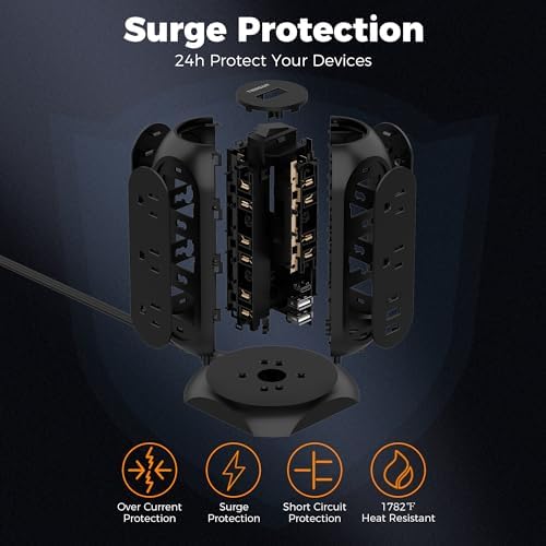 TESSAN Tower Power Strip Flat Plug with 1050J Surge Protection, 6 Ft, Black (Pack of 2)