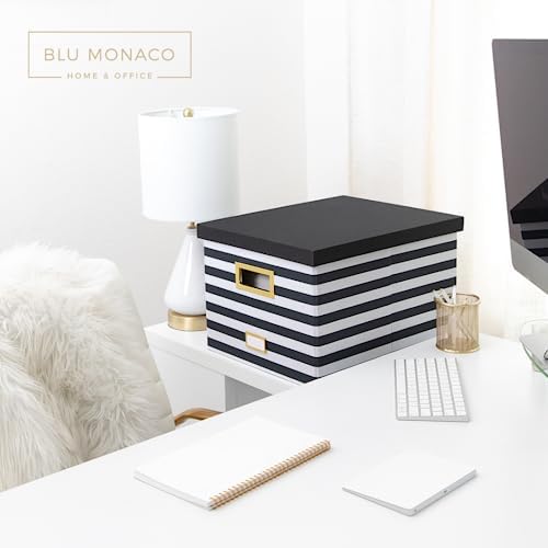 BLU MONACO | Decorative Hanging File Box with Lid | File Bins with Lids for Desk Storage | Desktop Hanging File Organizer for Legal Letter Folders Black White