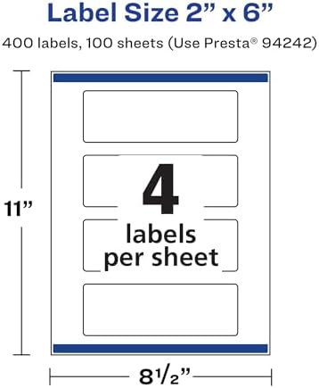 Avery® Matte White Rectangle Labels, Sure Feed® Technology, 2" x 6", 400 Matte White Printable Labels