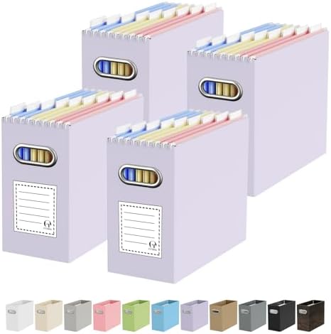 Oterri Portable Collapsible Cardboard File Box with Handle for Letter-Size | 4-Pack. Stainless Steel Handle. Label Stickers Included. Fits Letter Folders (Not Included). Home, Office, School, Dorm, Tax.