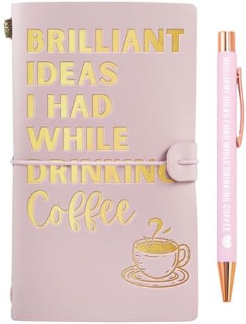 Coffee gifts Leather Journal Notebook with Pen, for Coffee Lovers, Men, Women on Birthday, Refillable Sketchbook, Travel Diary, Lined Planner, 7x5 Inches, Pink - Brilliant Ideas - Gold foil stamping