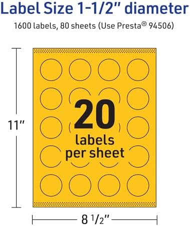 Avery Printable Round Labels, Sure Feed Technology, 1-1/2" Diameter, Bright Yellow Labels, Print-to-The-Edge, Laser/Inkjet Printable, 1,600 Total, Great for Stickers and Candles