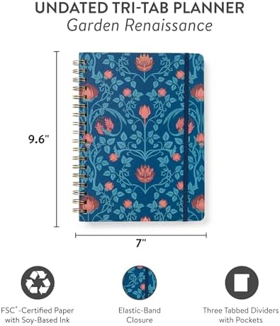 Orange Circle Studio Undated Tri-Tab Planner,Garden Renaissance Weekly & Monthly Planner Journal, 7 x 9.6 Spiral Notebook with Stickers, Pockets, Elastic Closure and Lined Notes for Everyday Use