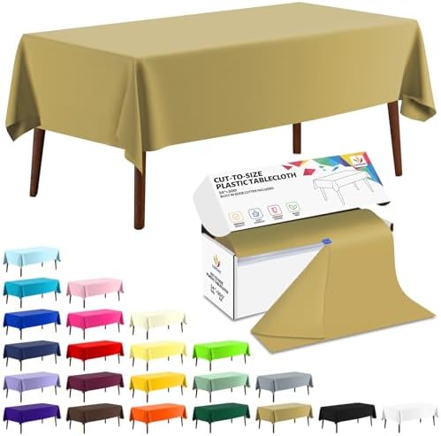 CXPSINC 54 Inch X 300 Feet Plastic Table Cover Roll Disposable Tablecloth with Slide Cutter for All Type/Shape Tables | Party, Banquet, Birthdays, Weddings(Gold, 300 Feet)