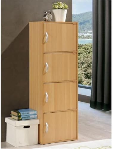 Pemberly Row 4 Shelf 4 Door Bookcase, Beech Finish, 47.4 in H x 15.91 in W x 11.75 in D, Slim Multi-Purpose Storage Unit for Office, Bedroom, Living Room, Kids Room or Entryway