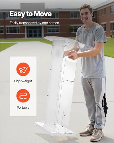 VEVOR Podium Stand, 43-Inch Acrylic Lectern, Portable Laptop Desk with Wide Reading Surface and Storage Shelf, Book Stopper, Floor-Standing, for Classroom, Wedding, Conference, Lecture and Concert