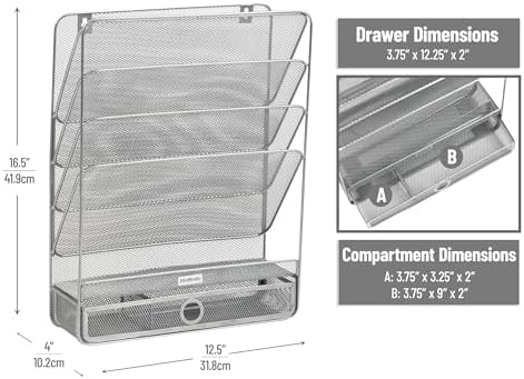 Mind Reader 4-Tier Vertical File Storage, Desktop Organizer, Wall Mount, Office, Metal Mesh, 12.5"L x 4"W x 16.5"H, Silver