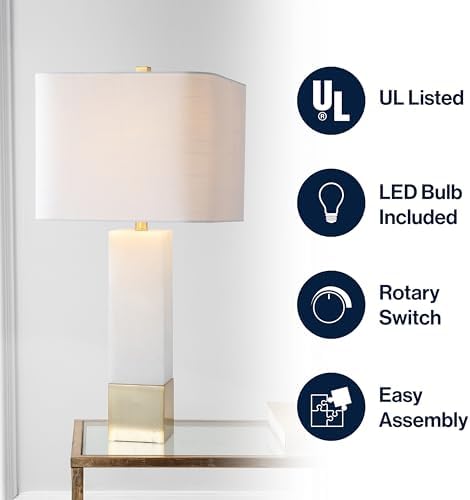 JONATHAN Y Jeffrey Table Lamp Bedside Metal Marble 29", Brass Gold/White