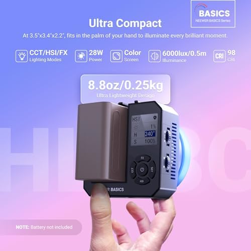 NEEWER Basics 28W Full RGB Pocket LED Video Light, Dimmable COB Studio Continuous Output Lighting for Photography Video Recording Vlog Streaming, 6000lux/0.5m 2500K–10000K CRI98 20 Scenes, HL28C
