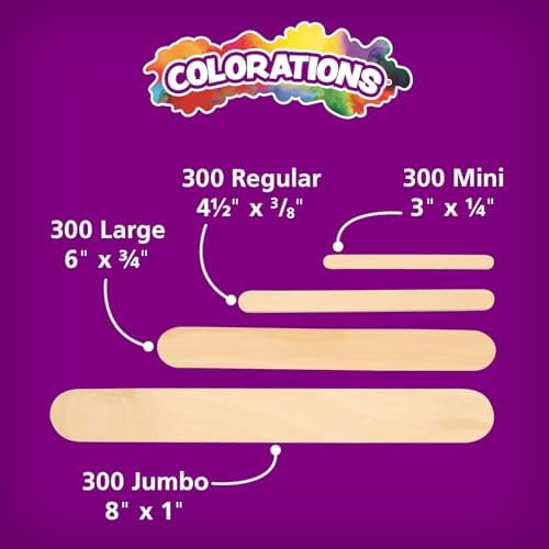 Colorations Assorted Sizes Natural Wood Craft Sticks Tongue Depressors, 1200 Piece Classroom Pack, All Natural, , 1mm Thick, Jumbo, Large, Regular, and Mini (Item # CPCS) | 1200-Piece Classroom Pack, All Natural, High Quality, 1 mm Thick, Jumbo, Large,...