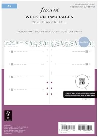 Filofax Calendar Diary Refill, A5 Size, Week-to-View, Garden Minimal Diary Pack, Multilingual: Five Languages, 2026 (C68592-26)
