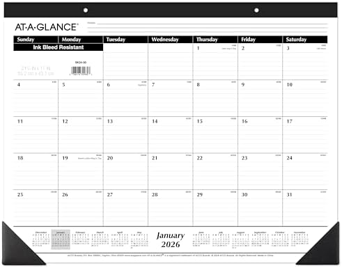 AT-A-GLANCE 2026 Desk Calendar, Monthly, Desk Pad, 21-3/4" x 17", Large, Ruled Blocks (SK240026), White