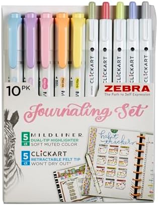 Zebra Pen Journaling Set, MILDLINER & CLiCKART, Assorted Colors, 10-Pack