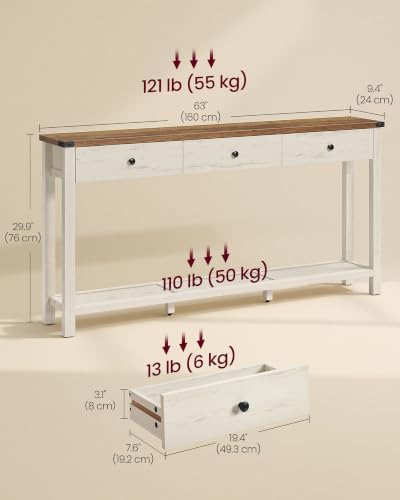 VASAGLE 63 Inche Narrow Console Table with 3 Drawers and Open Storage Shelf | Long Sofa Table, 9.4 x 63 x 29.9, Farmhouse Style, Easy Assembly, Rustic White and Honey Brown, LIRY Collection ULNT148W101