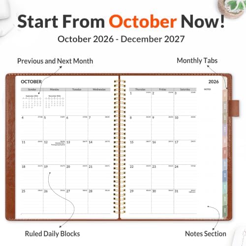 SUNEE 2027 Weekly & Monthly Planner 9"x11.2"- 12 Month (January 2027 - December 2027), Vegan Leather Cover, Pocket, Bookmark, Notes, Monthly Tab, Brown