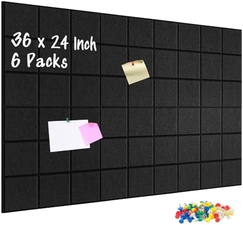 DOLLAR BOSS Felt Cork Board Tiles 6 Pcs 12"x12" Bulletin Board, Black Grid