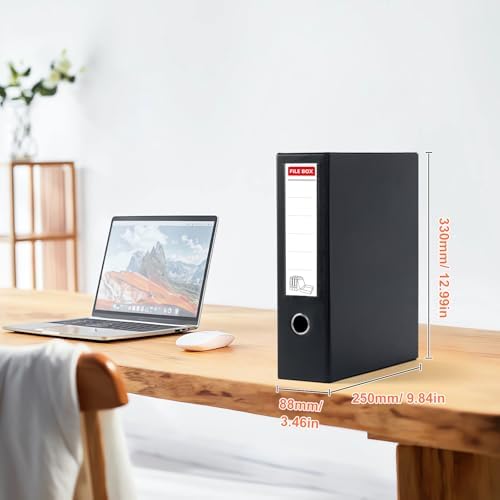 Storage File Boxes 4 Pack, Foldable File Box with Clip, 88mm Spine, Black | Archives Cases with Magnetic Closure, Plastic Document File Organizer Storage