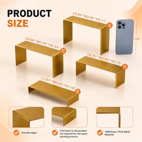 Gonice Display Risers, 8 PCS Gold Cupcake Stand, 4 Sizes Metal Rectangular Display Stand for Collectibles, Perfume, Doll, Vendor Events