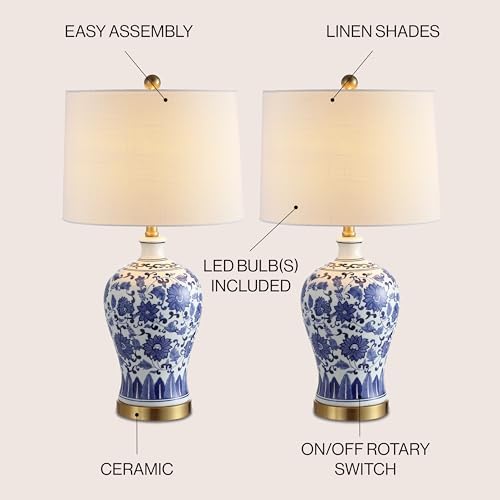 JONATHAN Y Jennifer 25.75" Ginger Jar LED Lamp, Blue/White, Set of 2