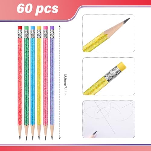 TecUnite 60 Pcs HB Pencils #2 Unsharpened Wood Cased Pencils with Eraser Hexagonal Pencil Cute Graphite No 2 Pen for Adults Gifts Exam School Office Sketching Learning (Glitter Series)
