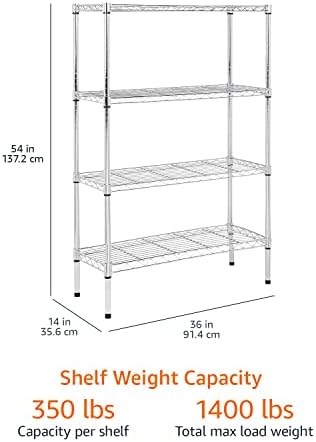 Amazon Basics 4-Shelf Adjustable Heavy Duty Steel Wire Rack Storage Shelving Unit for Kitchen, Garage, Easy Assembly, 350 lbs Per Shelf, 36" x 14" x 54", Chrome Silver