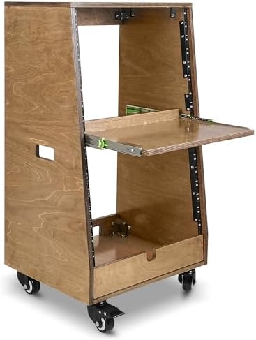 Sound Town DIY Slanted 16U Studio Rack (8U Top + 8U Lower), with 2U Bottom Storage, Slide-Out Tray, Caster, Plywood, Weathered Brown for Recording Room, Home Studio (SDRK-ST16TB)
